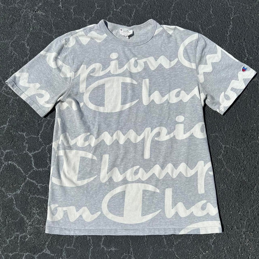 Vintage Champion Script All Over Print Y2K T Shirt Size Large